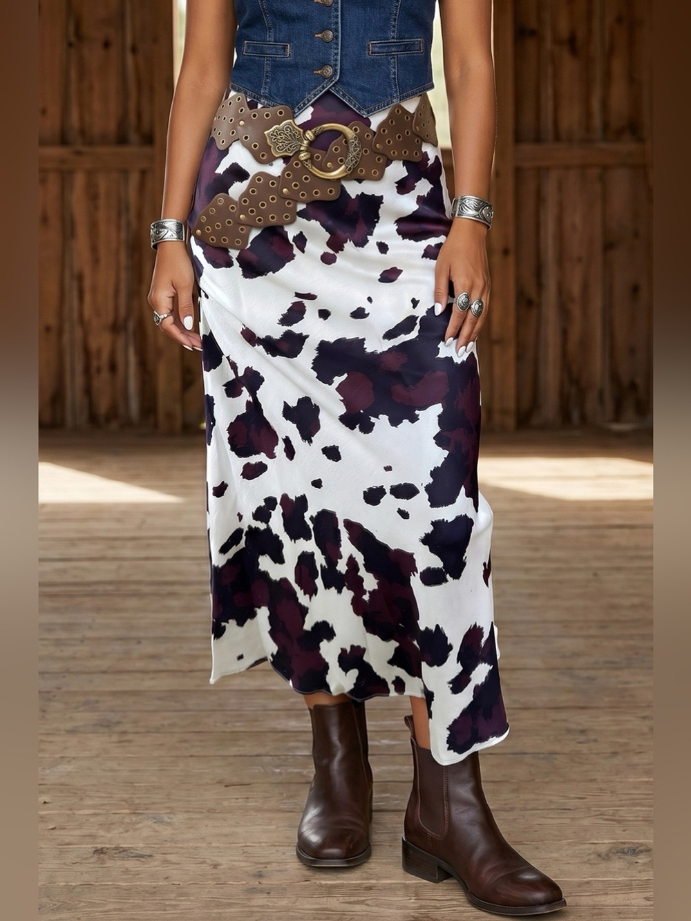 Abstract Print Western Long Metal Zip-Up Waist Daily Wear Skirt